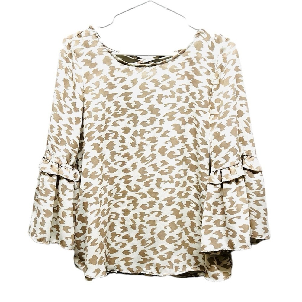 2/$15  C - Animal Print Tan Cream Long Sleeve Ruffle Sleeve Blouse – Size S